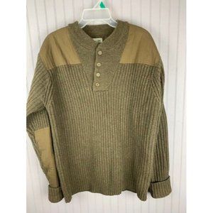 L L Bean L Mens Sweater Brown Long Sleeve 1/4 Button Front Patches Lambs Wool